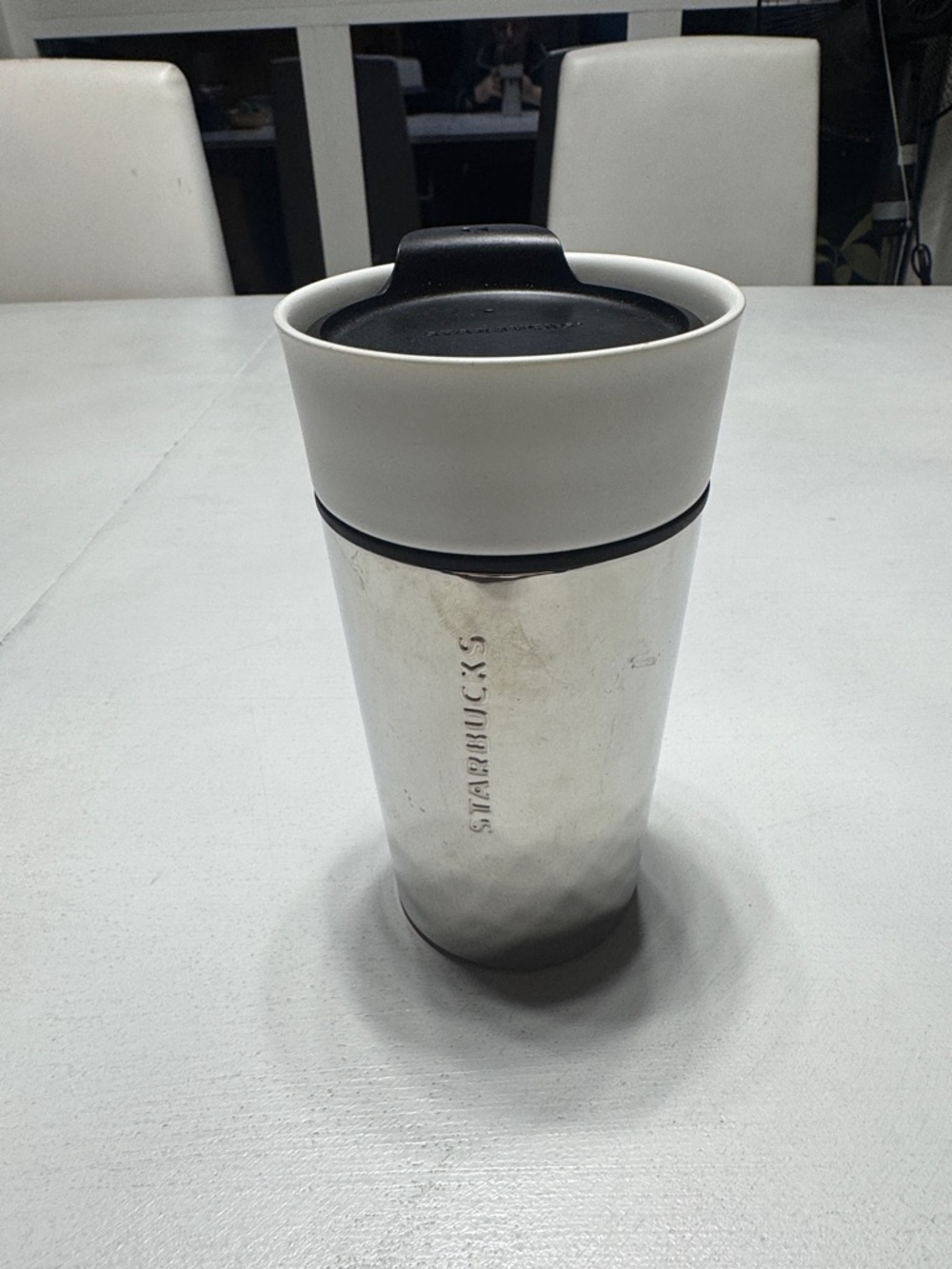 Starbucks Coffee Travel Mug Cup Chrome Stainless Steel Ceramic Silver White 12oz